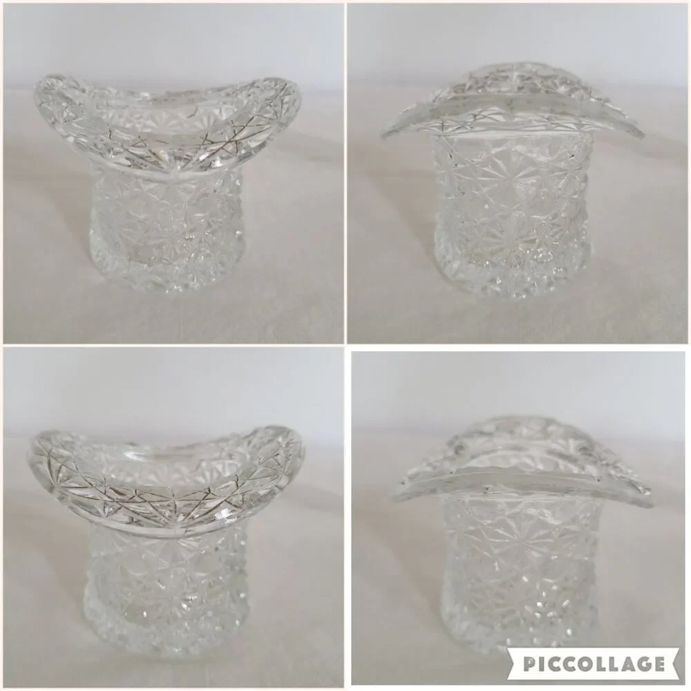 Vintage Daisy & Button Pattern Clear Pressed Glass Top Hat Topper Mini Urn Set